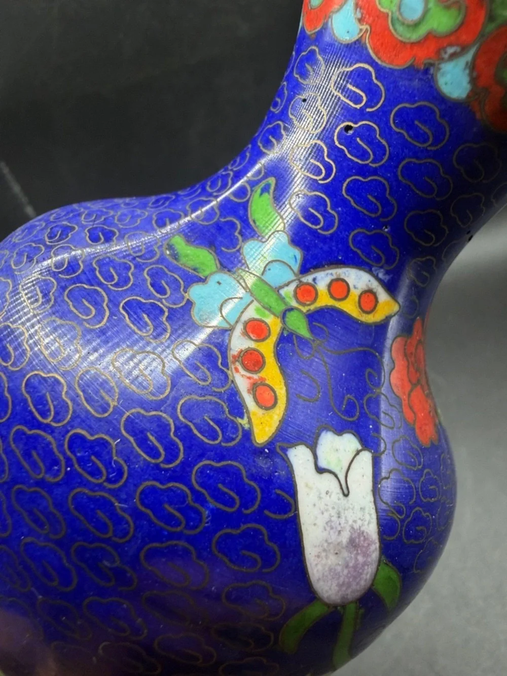 Vintage Butterfly Floral Blue Multicolor Cloisonne Vase Vessel Asian Arts Decor - Picture 8 of 10